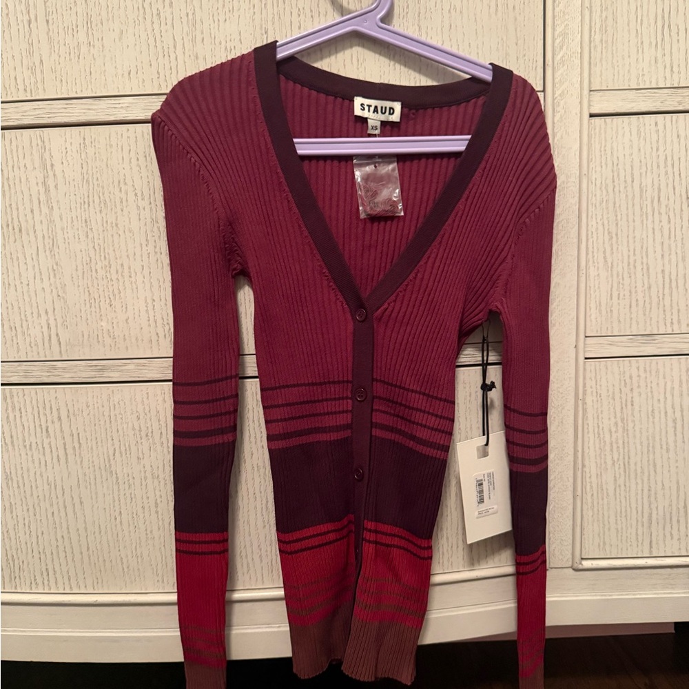 STAUD Women's V-Neck Striped Cardigan - Red and Purple